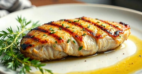 Pan-seared and grilled chicken breast with a herby aroma, , aromatic