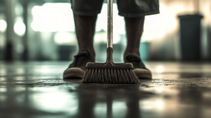 Close-up of person's legs and feet sweeping floor with a broom.