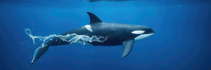 Fototapeta premium Orca whale swimming in the ocean with seaweed, reef, schools, marine life