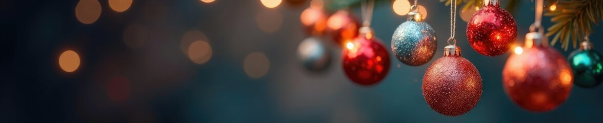 Fototapeta premium Shimmering metallic orbs hanging from strings, festive, Christmas, sparkling