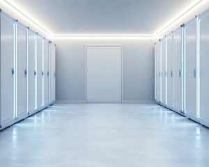 A sleek, modern corridor with illuminated storage units on either side, leading to a door at the end, creating a clean and futuristic atmosphere.