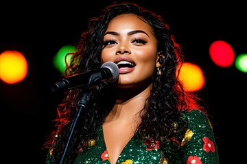 A young African performer sings her heart out on stage, wearing an elegant green dress.
