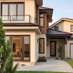 Fototapeta premium Luxury Modern Home Exterior: Contemporary Architecture and Design. Stunning Residence with Balcony and Large Windows. Real Estate Photography