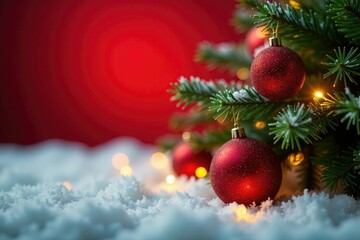 Sparkling fir branches adorned with glittering red ornaments and soft glow of festive holiday lights on a snowy red backdrop, glittering, , lights