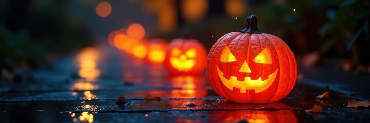 Fototapeta premium Sparkling pumpkin lanterns glow on a wet sidewalk, glistening, wet