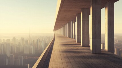 Elevated walkway overlooking a hazy cityscape at sunrise.