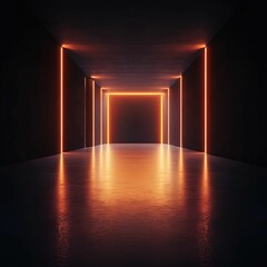 A dark corridor illuminated by glowing orange lines creates a modern, futuristic atmosphere.