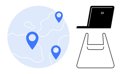 Blue location pins on a circular map, overhead view of black laptop on top of a shopping bag outline. Ideal for e-commerce, global market, location services, online retail, navigation, technology