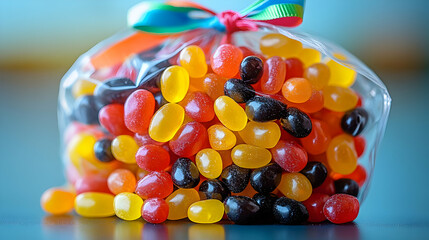 Colorful Jelly Beans in a Clear Bag with a Ribbon
