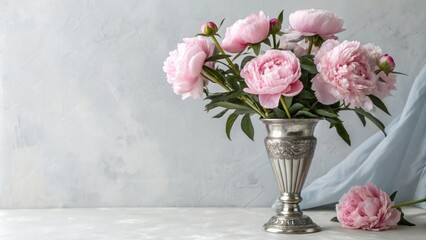 Obraz premium Pink peony blooms in a elegant silver vase against a soft gray background, geometric pattern, sophisticated look, modern design, pink peonies, flower arrangement