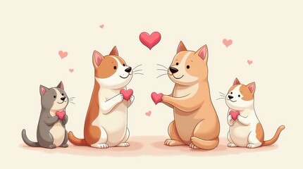 Fototapeta premium Adorable cats sharing hearts on valentine’s day celebrating love in a cute animated scene