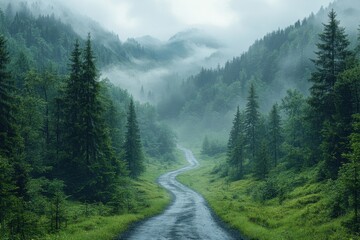 Obraz premium Serene winding path through a misty forest landscape in the early morning hours