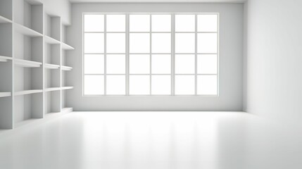 Fototapeta premium A bright, minimalistic room featuring large windows and empty shelves, creating an airy and spacious atmosphere.