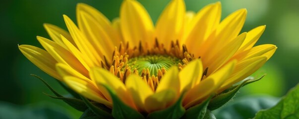 Sunflower petals unfolding against green foliage, blossoms, yellow