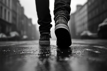 Fototapeta premium Low angle view of a man walking on a wet city street after the rain, wearing black shoes and jeans