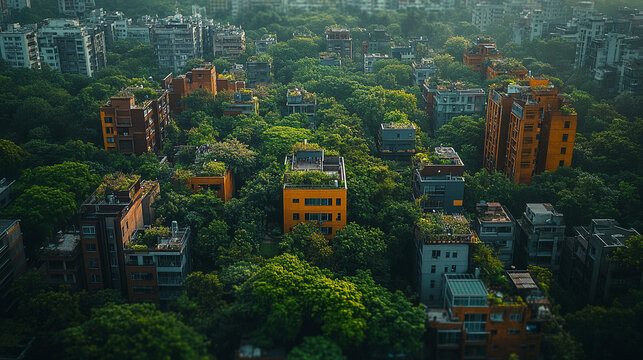 Aerial view of a sustainable green cityscape showcasing lush urban jungle areas parks and gardens interspersed among residential houses promoting eco friendly living and biodiversity minimalistic brig - Powered by Adobe