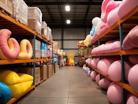 A colorful warehouse filled with inflatable pool floats in various shapes and sizes, neatly organized on shelves.