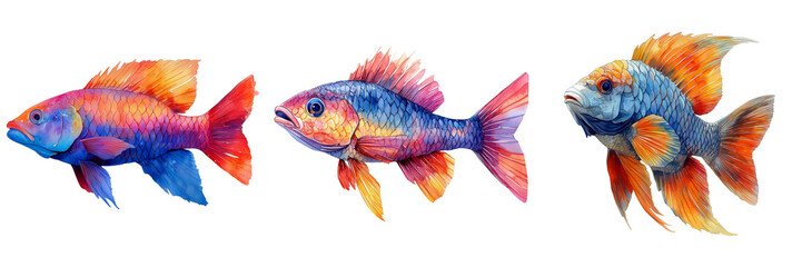 Fototapeta premium Watercolor colorful fish dynamic aquatic life art on a transparent background