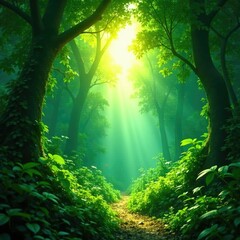 Obraz premium Sunlight filters through the jungle canopy above, greenery, scenery