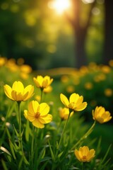 Obraz premium Sunlit garden with bright yellow Spanish Broom flowers, blooms, flowers, blooms