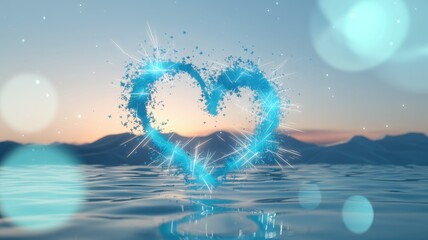 A sparkling blue heart floats on calm water at sunset, creating a serene and romantic atmosphere.