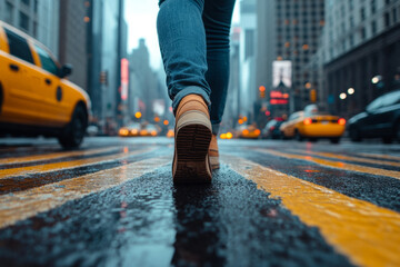 Low angle view of tourist walking on wet crosswalk