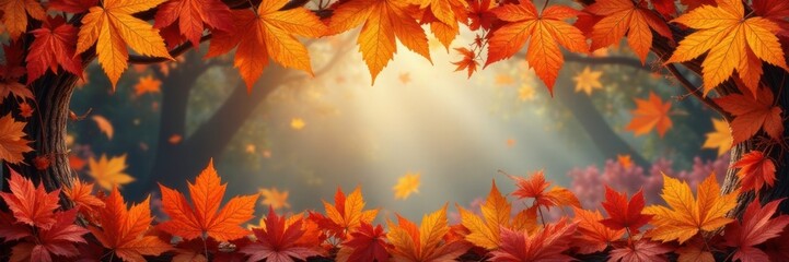 Fototapeta premium Vines and flowers in orange fall leaves border, fall, flowers