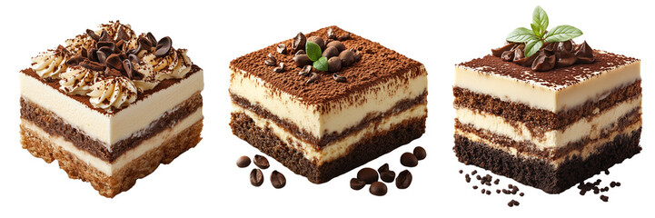 Delicious tiramisu slices gourmet dessert treats on clear background