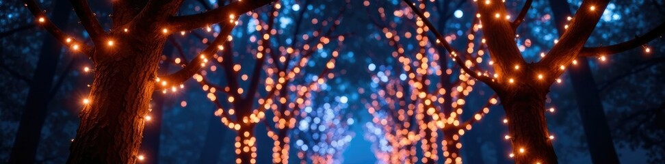 A canopy of glittering fairy lights above the trees, glitering lights, sparkling fairy lights