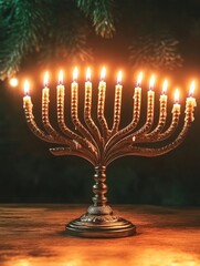 A golden candelabra with seven lit candles, signifying the Jewish holiday of Hanukkah.