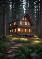 Quaint wooden cabin in a serene forest clearing at twilight, twilight, tranquil, forest, nature, serene