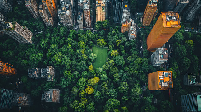 Aerial view of a sustainable green cityscape showcasing lush urban jungle areas parks and gardens interspersed among residential houses promoting eco friendly living and biodiversity minimalistic brig