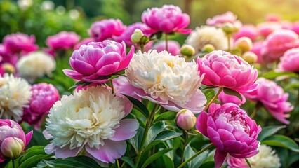 Lush Peony Bush with Buds &ndash; Ground-Level View, Rule of Thirds Composition