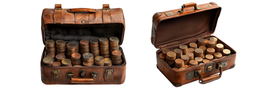 Vintage suitcase full of coins on a transparent background staging studio environment