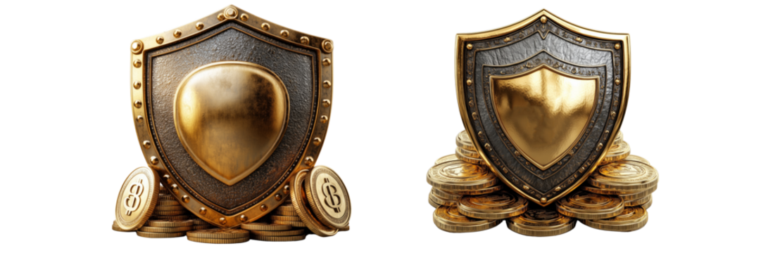 Gold shield and coins on a transparent background business security concept