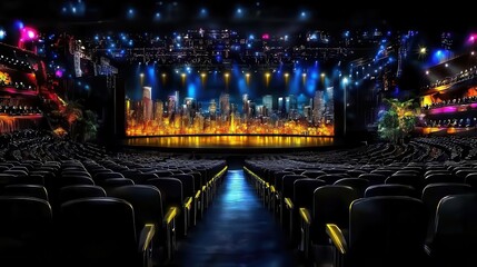Naklejka premium A vibrant theater stage illuminated with colorful lights.