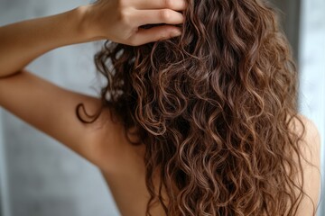 Fototapeta premium Woman with long beautiful curly brown hair is showing her hairstyle from behind