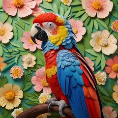 Obraz premium Colorful parrot in kirigami style surrounded by flowers