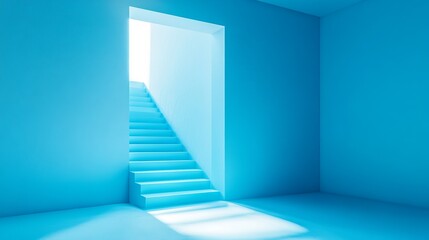 Fototapeta premium Brightly Lit Blue Room with Elegant Stairs Leading Towards a Radiant Light Source Creating a Welcoming and Inviting Atmosphere Evoking Feelings of Hope and Tranquility in Interior Design