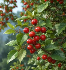 Red ripe berry on the branch of a rose hip bush, greenery, branch