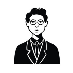 flat style avatar, young intelligent worker man in tie and glasses, black and white