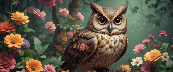 Retro styled owl illustration with whimsical floral accents, bloom, artistic, nostalgic