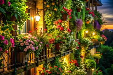 Obraz premium Lush Vertical Garden Balcony Flowers at Night - Low Light Photography