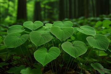 valentine’s heart-shaped leaves in sunlit forest: natural cluster with softly blurred background | nature romance