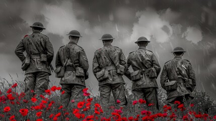 Historical image of wwi soldiers with red poppy flower honoring armistice day remembrance