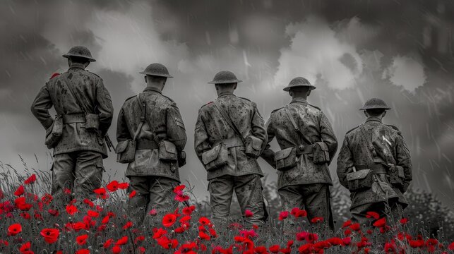 Historical image of wwi soldiers with red poppy flower honoring armistice day remembrance