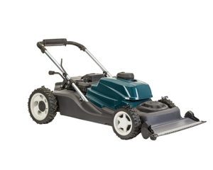 lawnmower with sleek design, featuring green body and black wheels, ideal for maintaining well groomed lawn. This tool is essential for garden care and landscaping tasks