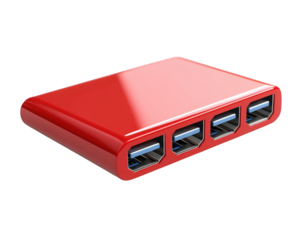 red USB hub with four ports, designed for connecting multiple devices simultaneously. This sleek and modern accessory enhances productivity and organization