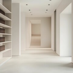 A modern, minimalist hallway featuring white walls, a light floor, and built-in bookshelves, creating a spacious and inviting atmosphere.
