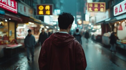 Naklejka premium Man walking through a vibrant, rain-soaked Asian night market.